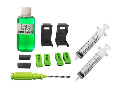 [KFLO-2CLIP-PURGA-2JGA10ML-CS60ML-CT] Kflo® Kit Universal 2 Clips De Purga, Liquido, 2 Jeringas Y Perforador De Cartucho De Tinta Hp Y Canon